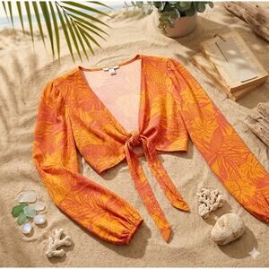 Bar III Orange Jungle Print Tie-Front Crop Top - Size M - Tropical -NWT